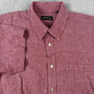Orvis Shirt Mens XL Red 100% Linen Short Sleeve Button Up Mini Houndstooth